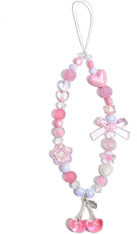 Ouligay Cherry Phone Charm Strap Cute Camera Charm Strap Beaded Camera Strap Wrist Pink Phone Chain for Bag Case Bags Pendants Decor Chains Valentine's Day Gifts for Woman Girls