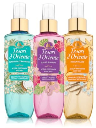 Tesori d'Oriente, Set Acque Profumate Corpo, Fragranze: Cocco e Frangipani, Vaniglia e Fior di Sale, Ibisco e Peonia, Fragranze intense e Avvolgenti, 200ml x3