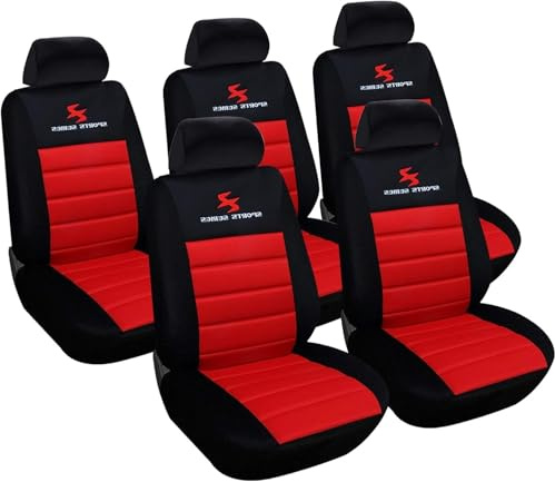 WOLTU 5X Fundas de Asiento para Coche Universal Delantero y Traseros Cubierta para Asiento Automóvil sin Bolsa de Aire Poliéster Negro/Rojo
