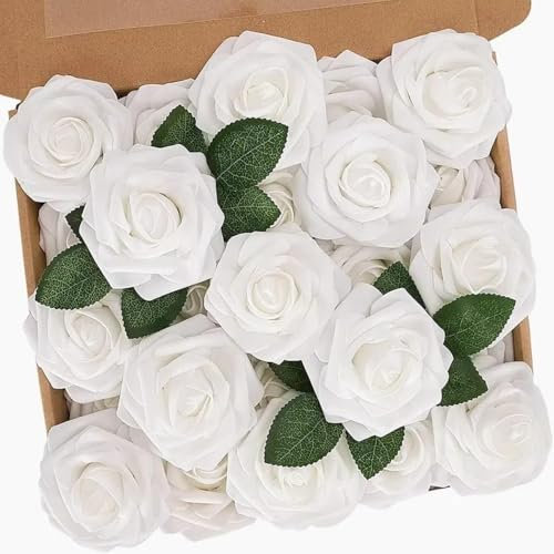 N&T NIETING Artificial Flowers, 25pcs Fake Flowers White Rose Perfect for DIY Wedding Bridesmaid Bridal Bouquets Centerpieces Home Flower Arrangement Decoration