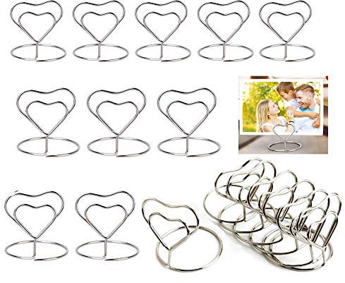 Dproptel 20 Pack Heart Shaped Mini Place Card Holders Table Number Holder Stand Wire Picture Photo Display Holder Memo Clips for Wedding Birthday Party Favors (Silver)