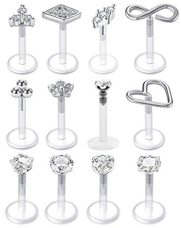 Mayhoop 12Piezas Piercing Labret Tragus Helix 16G Acrílico Flexible Claro CZ Retenedores Piercing Oreja Cartílago Hélice Labio Mujer Piercing Joyería 8mm Plata