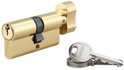 Cilindro SA con pomolo 35 x 30 mm, ottonato, 3 chiavi – THIRARD | Profilo europeo, pulsante interno, anti-strappo, 5 perni, montaggio facile, per porta d'ingresso, finitura ottone