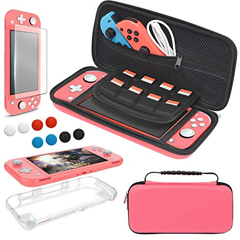 YUANHOT Étui Kit Accessoires Compatible Avec Nintendo Switch Lite, 4 in 1 Coque et Housse Transport et Protection Écran en Verre Trempé, Poudre de Corail