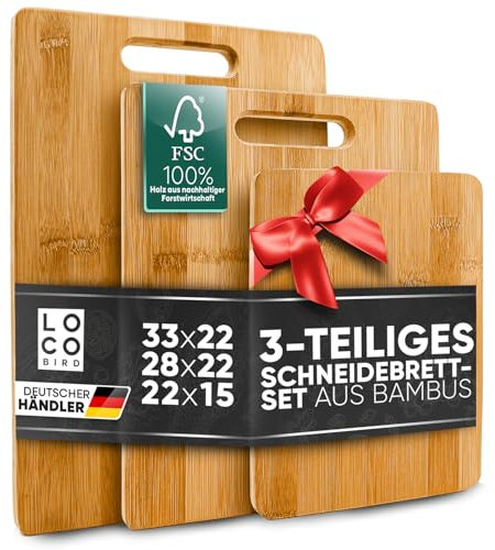 Loco Bird Schneidebrett Holz 3er Set - 33x22cm / 28x22cm / 15x22cm - Holzbrett für die Küche - messerschonender Holzschneidebrett, Chopping board, Küchenbrett, Kitchen Cutting Board Wood, Schneidbrett