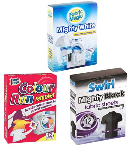 Multiple Mighty White Clothes Stain Remover Whitener, Mighty Black Fabric Sheet and Colour Run Remover for Clothes Set of 3, 12 Count