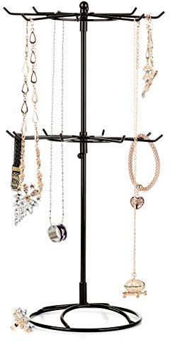 MISNODE Schmuckständer, 2 Etagen, Schmiedeeisen, drehbar, für Armbänder, Halsketten, Ohrringe, geeignet für Mädchen und Frauen, Schwarz