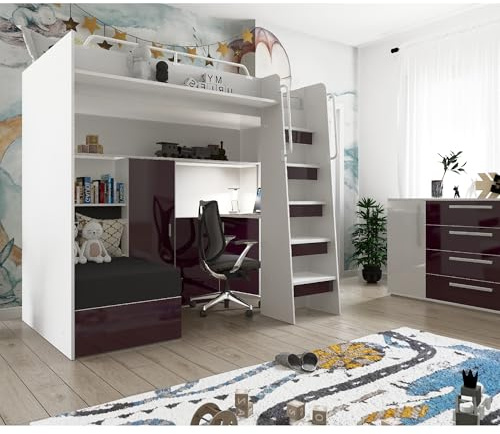 Marlux-Meble Hochbett JSM-7 90x200 TREPPE RECHTS mit Schreibtisch Schränke und Ausklappbares Sofa 70x180 Hochglanz Funktionsbett Etagenbett Stockbett Kinderhochbett Jugendhochbett (Violett Glanz)