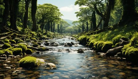 adrium Acryl-Bild 90 x 50 cm: Ruhige Szene mit fließendem Wasser in einem üppigen grünen Wald, erzeugt durch künstliche Intelligenz (209328060)