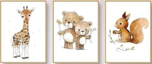 UEHVVF Tier Wandkunst Rehkitz Bär Eichhörnchen Bild Kunstdrucke Kinderzimmer Dekoration, Leinwandbild Poster und Drucke Wandbild Kinderzimmer Ungerahmt (Yellow,50 * 70CM)