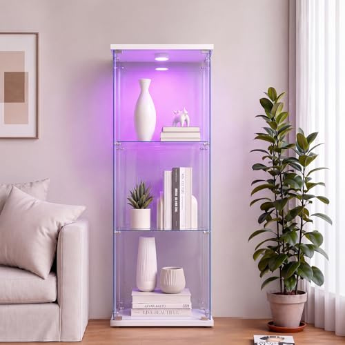 DADEA Glasvitrine 3 Etagen mit 1 Türen, Glasvitrine Stehend mit LED Beleuchtung und Schloss, Glasvitrinen Schrank Stehend Stand GlasvitrineAbschließbar Curio Schrank Glas Vitrine mit LED, Weiß
