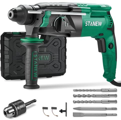 Marteau Perforateur Filaire SDS Plus 950W STANEW, Marteau Perforateur 0-1150RPM/5100BPM avec 4 fonctions et embrayage de sécurité, poignée rotative à 360°,vitesse variable,Béton, Acier, Bois
