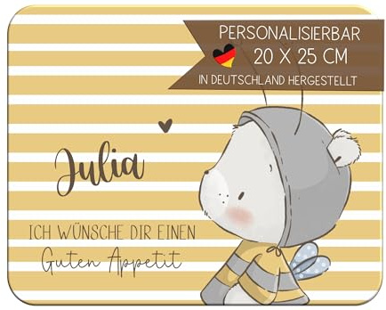 CreaDesign Personalisiertes Kinder Frühstücksbrett mit Namen, 20x25 cm, rutschfestes Schneidebrett aus Kunststoff, Bär Biene Design, spülmaschinen & mikrowellengeeignet, Schneidbrett für Kinder