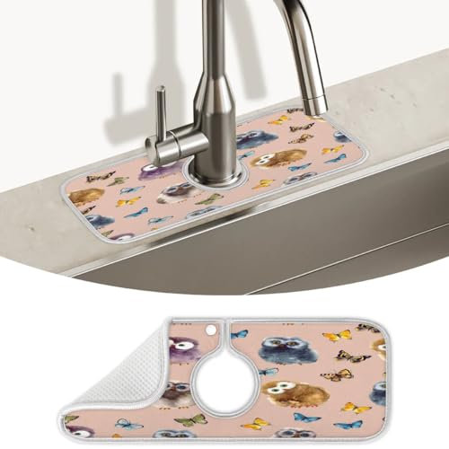 Spritzschutz für Küchenspüle, Motiv: Schmetterlings-Eule, super saugfähig, Mikrofaser, Abtropfmatte, Spritzschutz hinter dem Wasserhahn, Tropfenfänger für Küche, Badezimmer, 38,1 x 13,7 cm