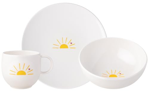 Villeroy & Boch With Love Hello Sunshine Service de petit-déjeuner 3 pièces | Assiette à petit-déjeuner (21 cm), bol à céréales (17 cm) et tasse à anse (290 ml) | Vaisselle avec motif soleil |