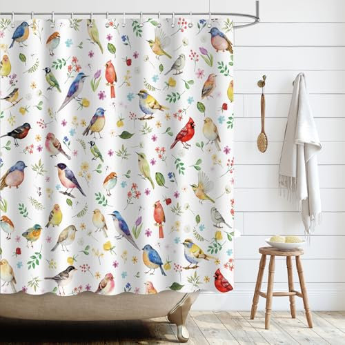 APROPHIC Duschvorhang für Badezimmer, 180 x 180 cm, buntes Muster mit Blumen und Vögeln, Duschvorhang mit verspieltem Vogel, wasserdichte Badezimmerdekoration