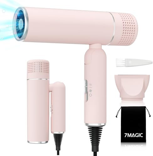 7MAGIC Fön Haartrockner Föhn mit Konzentratordüse, Reisefön Klappbar, 30% Schnellere Trocknung, 300 Mio. Ionen, 99% Haarsaugschutz, Überhitzungsschutz, 1600W, Ultraleicht für alle Haartypen, Rosa