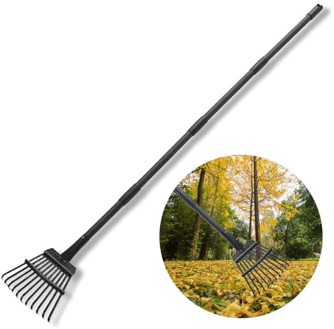 Rake for Leaves Small Metal Garden Tool with 11 Tines 63 Inch Adjustable Handle Sturdy Yard Rake for Gardening Gathering Leaves Weeds Debris, Black