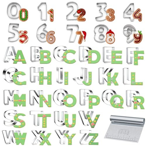 xify’s Alphabet & Number Cookie Cutter Set, 2.5-3 Inch Assorted Sizes, 36 Pcs Stainless Steel Fondant & Dough Molds for Party, Birthday, Christmas, Biscuit & Fruit Cutting, Includes Steel Scraper
