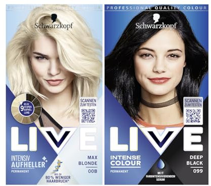 Schwarzkopf LIVE Intense Colour Haarfarbe 99 Deep Black (142 ml), dauerhafte Coloration & LIVE Aufheller Max Blonde 00B (142 ml), Blondierung ohne Gelbstich, Haare Aufhellen