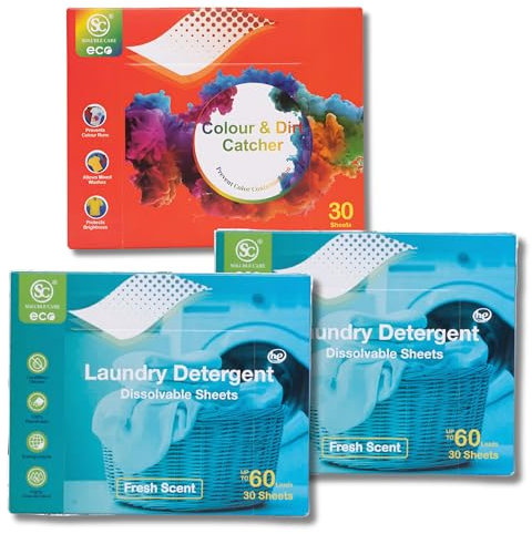 Eco-Friendly Laundry Detergent 60 Sheets (Up to 120 Washes) with Colour & Dirt Catcher 30 Sheets, Enhances Laundry Efficiency, Protects Colours, Saves Time, Water and Electricity