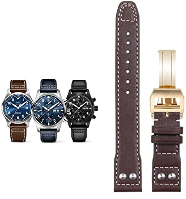 EAMOM 20 mm weiches Echtleder-Nietenarmband für IWC-Armband für Big PILOT Mark 18 Portofino-Zubehör(Brown Gold buckle)