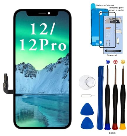 EFaith Écran pour iPhone 12 Pro 6.1 LCD Ecran de Rechange Full HD Tactile Digitizer Assembly avec Kit De Réparation Complet + Protecteur D'écran + Adhésif Étanche (12/12PRO)
