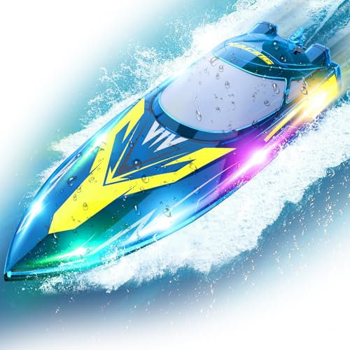 Aragallant Barca Telecomandata con Luce LED, Motoscafo Telecomandato(150M/493FT, 30+km/h, 2.4Ghz, 60+ Mins) per Bambini, Impermeabile Barca Radiocomandata per Piscine e Laghi (blue)