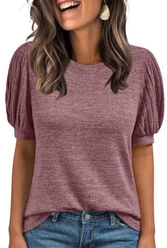 AUTOMET Womens Short Sleeve Tops Fall Sweater Dressy Casual Blouses 2026 | Work Business Shirt, Lightweight Cute Tunic, Summer Spring Clothing,Loose Fitting, Crew Neck, Puff Sleeve Outfit