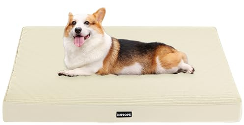 HMTOPE Cama ortopédica para perros, cojín de 9 cm de grosor para perros medianos, colchoneta para perros desmontable y lavable, base antideslizante, forro interior impermeable, 91 cm, Beige