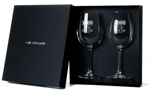 CALLE DEL REGALO Copas de vino personalizadas | Copas de vino de cristal de 58 cl | Copas grabadas con año de nacimiento y nombre | Estuche incluido | (AÑO NACIMIENTO, 2 COPAS CON ESTUCHE)