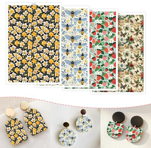 20 st överföringspapper för polymerlera, blommigt bi fjärilsmönster 4 designmönster vattenlösligt leröverföringsark för hantverk mjuka keramiska örhängen smycken och polymerlera formar