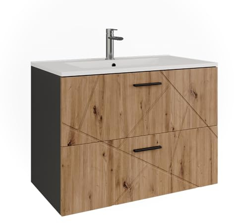 Vicco Waschbeckenunterschrank Anthrazit/Artisan Irma 80x57x45 cm - Unterschrank für das Badezimmer, Leichte Reinigung des Bodens Dank wandhängender Montage
