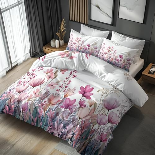 Generisch Bettwäsche 135x200 Pastell Lila Blumen Design, 2teilig - Floral Aquarell Bettbezug und 1 Kissenbezug 80x80, Wendebettwäsche, Schlafzimmer Deko, Mikrofaser, mit Reißverschluss kJIl-16