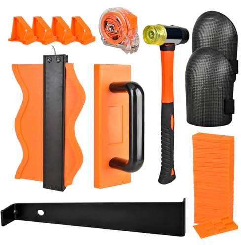 Laminatboden Kit und Konturenlehre | 45-teiliges Vinylboden Verlegeset | Laminat Holzfußboden Installationsset mit 40 Montagekeilen, Hammer, Schlagklotz, Zugeisen | Für Laminats, Parkett, Bodenverlegu