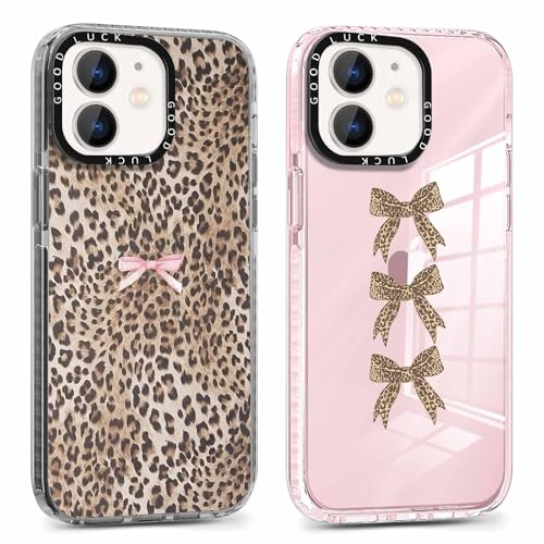 Yirlbey 2 Pezzi Cover per iPhone 12 Mini 5,4'', Custodia Trasparente Rosa Fiocco Leopardata Disegno Design Motivo Aesthetic per Ragazza Antiurto Protettiva TPU Durable Silicone Clear Cellulare Case