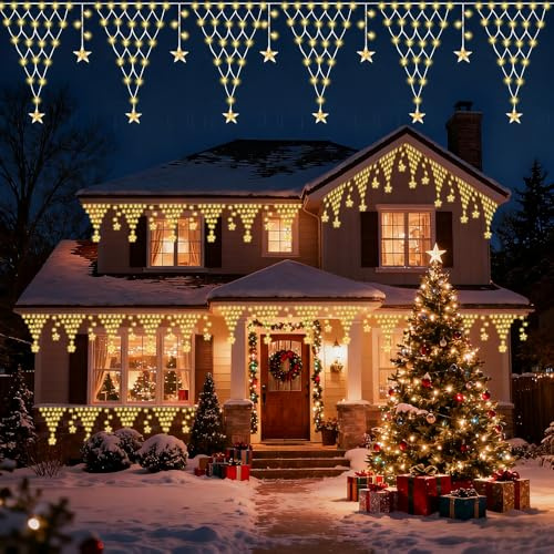 HEYIDAMAI Weihnachten Netz Lichter, 4M Lichterkette Netz Außen, 196 LED Stern Lichternetz mit 8 Modi Stecker, Weihnachtslichternetz Außen LED, für Weihnachten Balkon Fenster Eaves Zaun Deko
