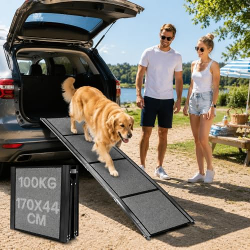 Hunderampe Auto Klappbar Alu bis 100kg – Hundetreppe Einstiegshilfe mit Rutschfestem Teppich für SUV Kombi – 4-Fach Faltbare Kofferraum Rampe 170 x 44 cm