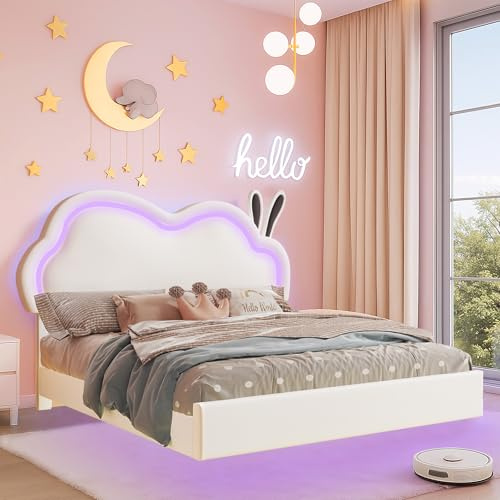 LUXOAK Kinderbett 90x200cm, Mädchenbett mit LED-Beleuchtung und Lattenrost, Polsterbett Schwebebett mit Wolken-Kopfteil, Höhenverstellbar, Leder, Weiß
