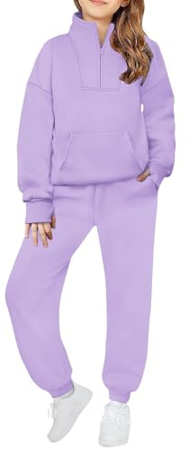Tuta da ginnastica per ragazzi e bambini, comoda tuta in pile con mezza zip, 2 pezzi, per ragazze adolescenti, tinta unita, top con foro per il pollice + tasche, pantaloni da jogging, abbigliamento