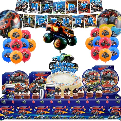 98 Stück Truk Partygeschirr Set，Party Deko Geburtstag | Servietten, Tischdecke, Pappteller