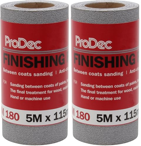 ProDec 5m Roll 180 Grit Medium Grade Finishing Paper for Sanding Between Coats of Paint or Varnish - 115mm Wide Abrasive Paper Roll Compatible with Machine Sanders & Hand Sanders (Pack of 2)