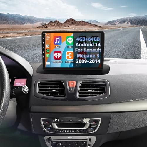 4+64G Android 14 Autoradio Navi per Renault Megane 3 2009-2014 9 Pollici Touch Screen Auto Player Radio GPS Navigation Head Unit con Carplay Android Auto Bluetooth WiFi FM RDS SWC Mirror Link