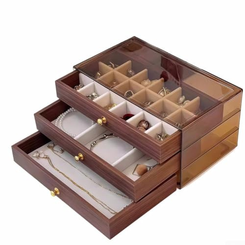 Boîte de rangement à bijoux en bois avec système de compartiments à 3 niveaux, couvercle en acrylique et doublure douce pour la protection des bijoux (3 couches 18 + 6)
