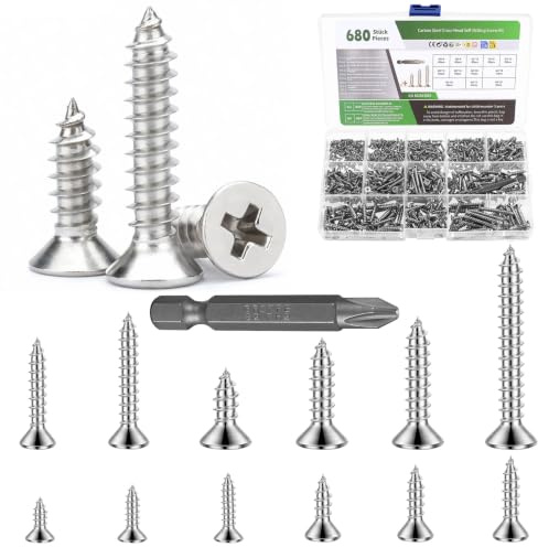 680 Pcs M2 M3 M4 Self Tapping Screws for Wood Screws Assortment, Small Assorted Cross Flat Head Screw Set Mixed for Door Handles Kitchen Cabinet Wood Fastening(Silver)