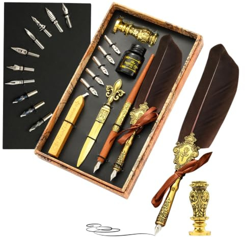 Fjäderpenna och bläckset | Quill Pen Ink Set Kalligrafi Pen Set | Fjäderpennaset innehåller fjäderpenna, bläck, ersättningsspetsar, vaxtätningsstift