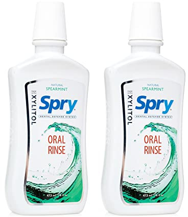 Spry Natural Xylitol Mouthwash Fluoride Free with Enamel Support, Gentle Alcohol Oral Rinse, Non-GMO, Spearmint - 16 fl oz (Pack of 2)