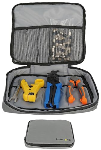 tsnetworks Elektriker Werkzeug Set mit F Stecker, Kompressionszange, Maulschlüssel flach 11-13, Kabelschneider & Abisolierwerkzeug in hochwertiger Tasche mit Platz für weiteres Elektriker Werkzeug
