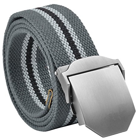 FALETO Herren Militär Gürtel Stoffgürtel mit Glatt Schnalle Leinwand Canvas Jeansgürtel Belts 125cm + Original Geschenkbox (Grau Streifen)