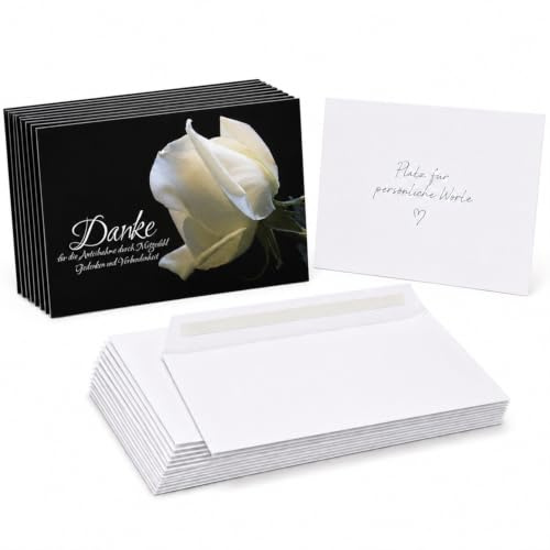 Trauer Danksagungskarten mit Umschlag Weiße Rose 10 Stück | Dankeskarten Din A6 Set | Trauerkarten Danksagung Danke sagen
